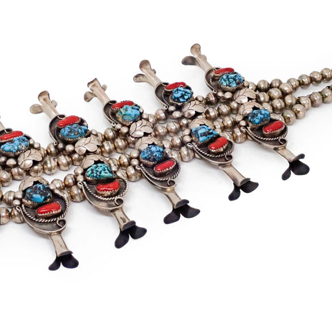 Native American Navajo Sea Foam Turquoise & Coral Squash Blossom Sterling Silver Necklace Signed