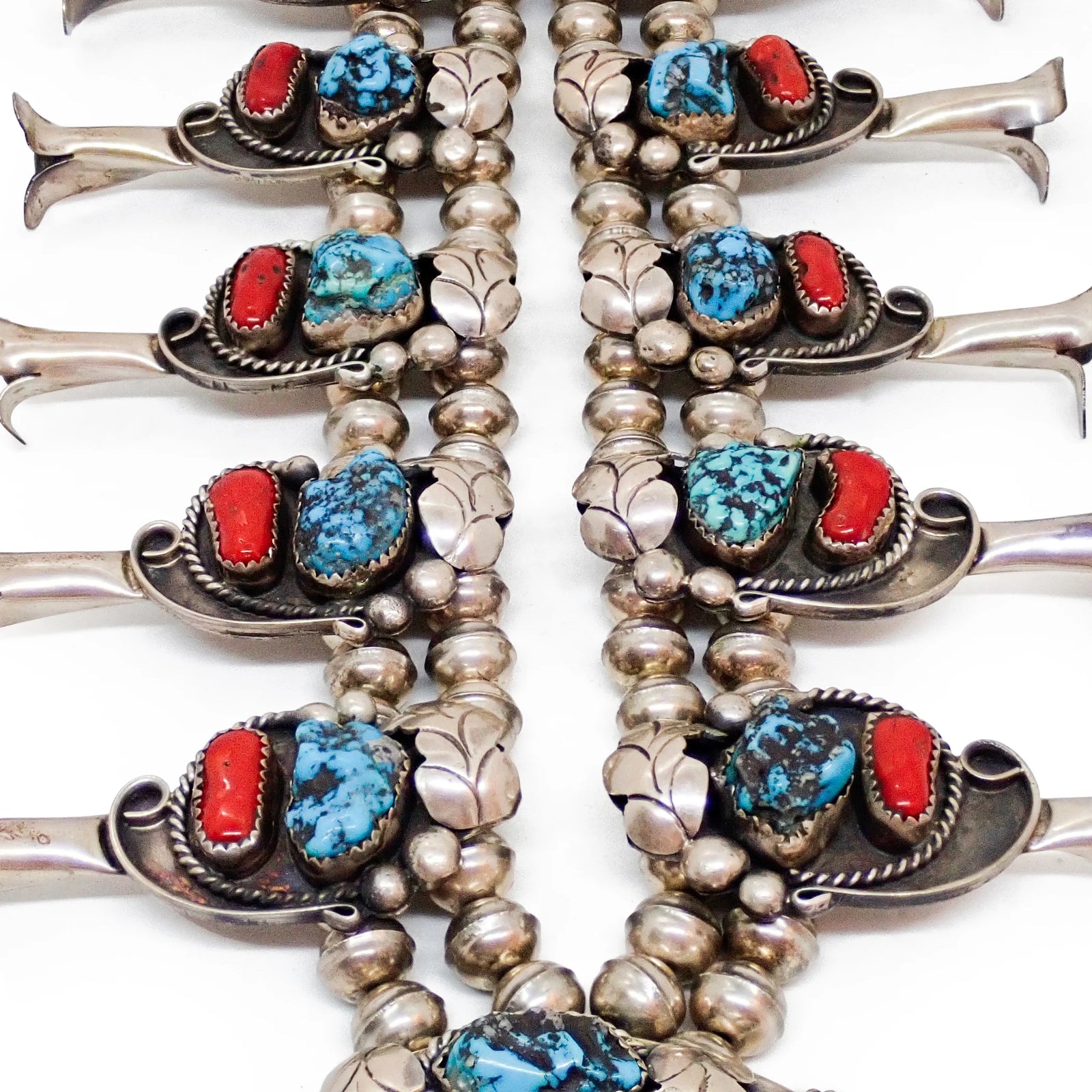 Native American Navajo Blue Seafoam Turquoise & Coral Squash Blossom Sterling Silver Necklace SIGNED