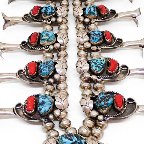 Native American Navajo Sea Foam Turquoise & Coral Squash Blossom Sterling Silver Necklace Signed