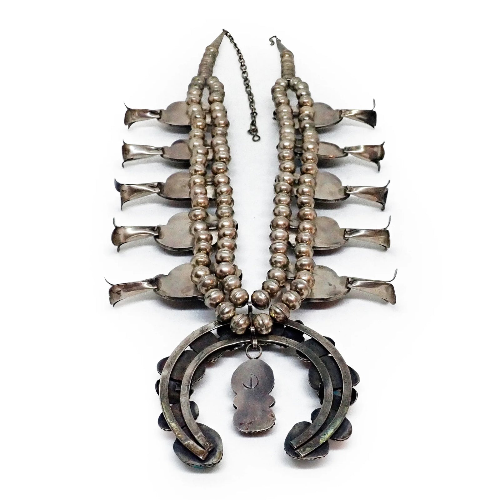 Native American Navajo Blue Seafoam Turquoise & Coral Squash Blossom Sterling Silver Necklace SIGNED