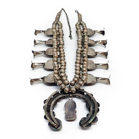 Native American Navajo Sea Foam Turquoise & Coral Squash Blossom Sterling Silver Necklace Signed