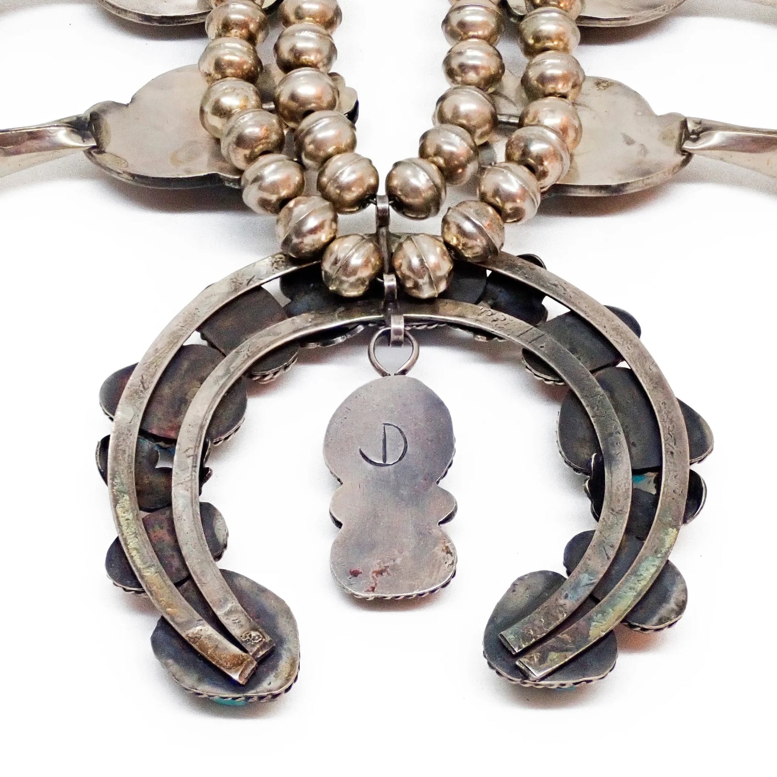 Native American Navajo Blue Seafoam Turquoise & Coral Squash Blossom Sterling Silver Necklace SIGNED