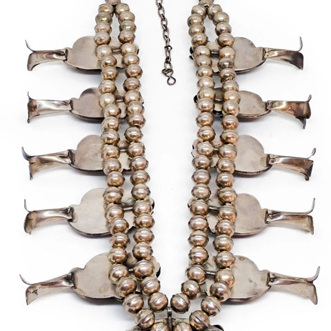 Native American Navajo Sea Foam Turquoise & Coral Squash Blossom Sterling Silver Necklace Signed