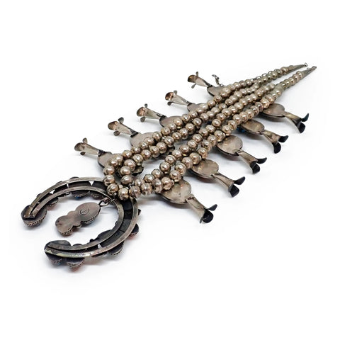 Native American Navajo Sea Foam Turquoise & Coral Squash Blossom Sterling Silver Necklace Signed