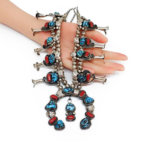 Native American Navajo Sea Foam Turquoise & Coral Squash Blossom Sterling Silver Necklace Signed