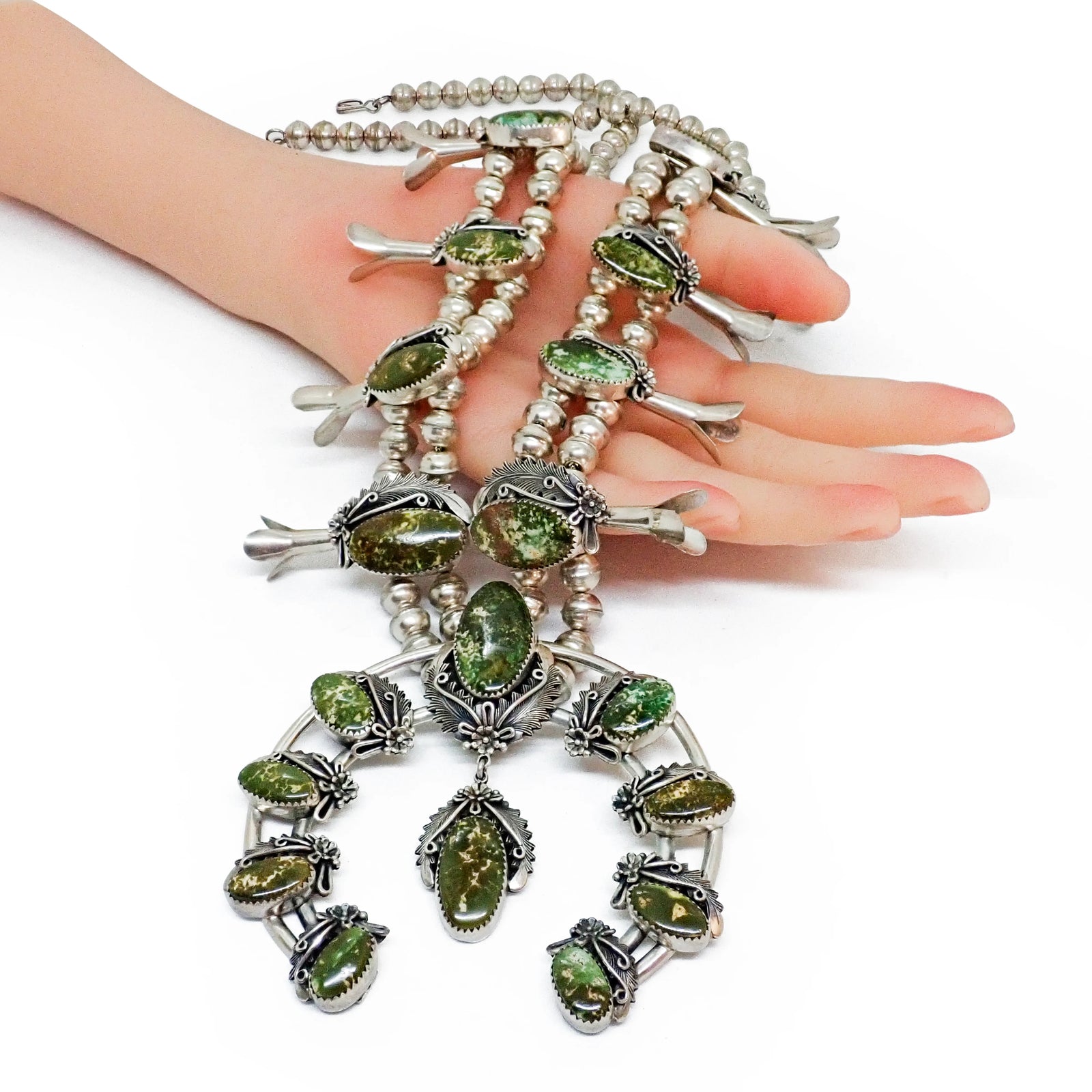 Native American Navajo Green Pilot Mountain Turquoise Squash Blossom Sterling Silver Necklace by P. JOHNSON