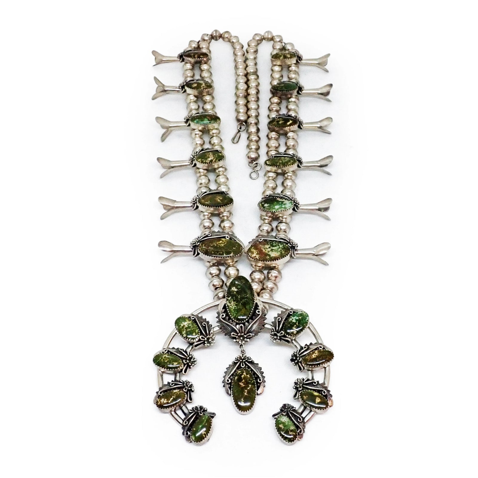 Native American Navajo Green Pilot Mountain Turquoise Squash Blossom Sterling Silver Necklace by P. JOHNSON