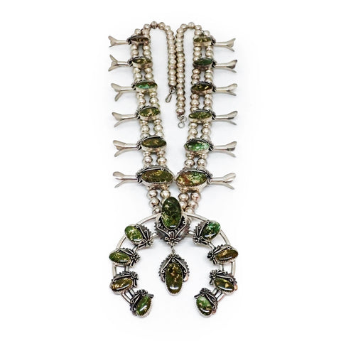 Native American Navajo Green Pilot Mountain Turquoise Squash Blossom Sterling Silver Necklace by JOHNSON