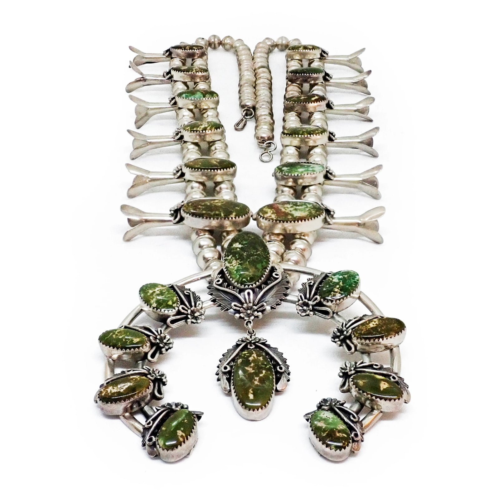 Native American Navajo Green Pilot Mountain Turquoise Squash Blossom Sterling Silver Necklace by P. JOHNSON