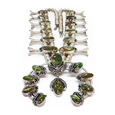 Native American Navajo Green Pilot Mountain Turquoise Squash Blossom Sterling Silver Necklace by JOHNSON