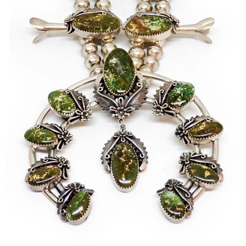 Native American Navajo Green Pilot Mountain Turquoise Squash Blossom Sterling Silver Necklace by JOHNSON