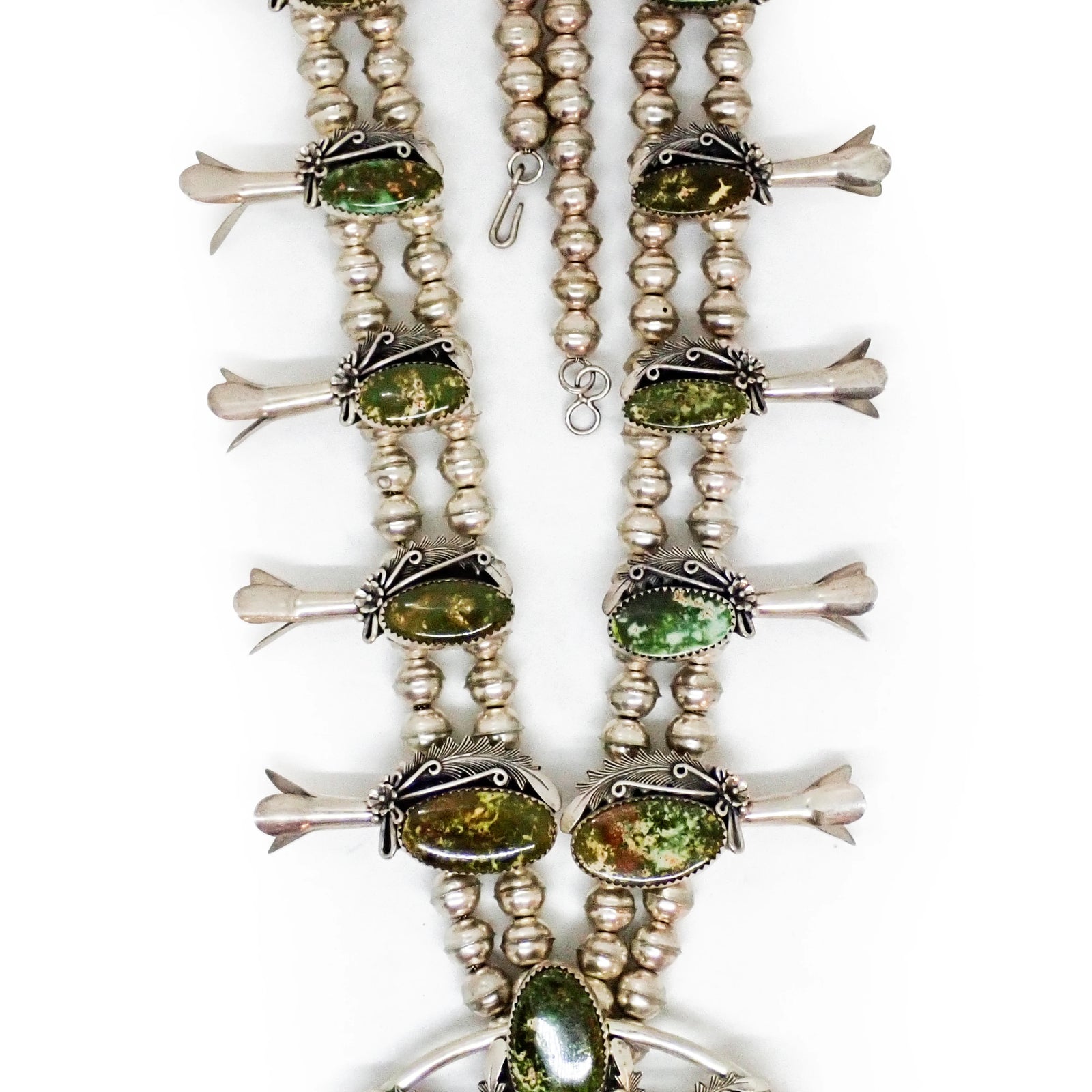 Native American Navajo Green Pilot Mountain Turquoise Squash Blossom Sterling Silver Necklace by P. JOHNSON