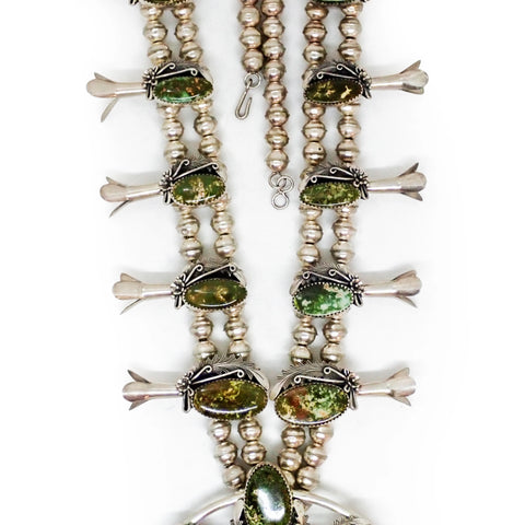 Native American Navajo Green Pilot Mountain Turquoise Squash Blossom Sterling Silver Necklace by JOHNSON