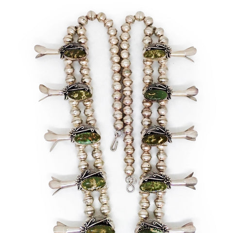 Native American Navajo Green Pilot Mountain Turquoise Squash Blossom Sterling Silver Necklace by JOHNSON