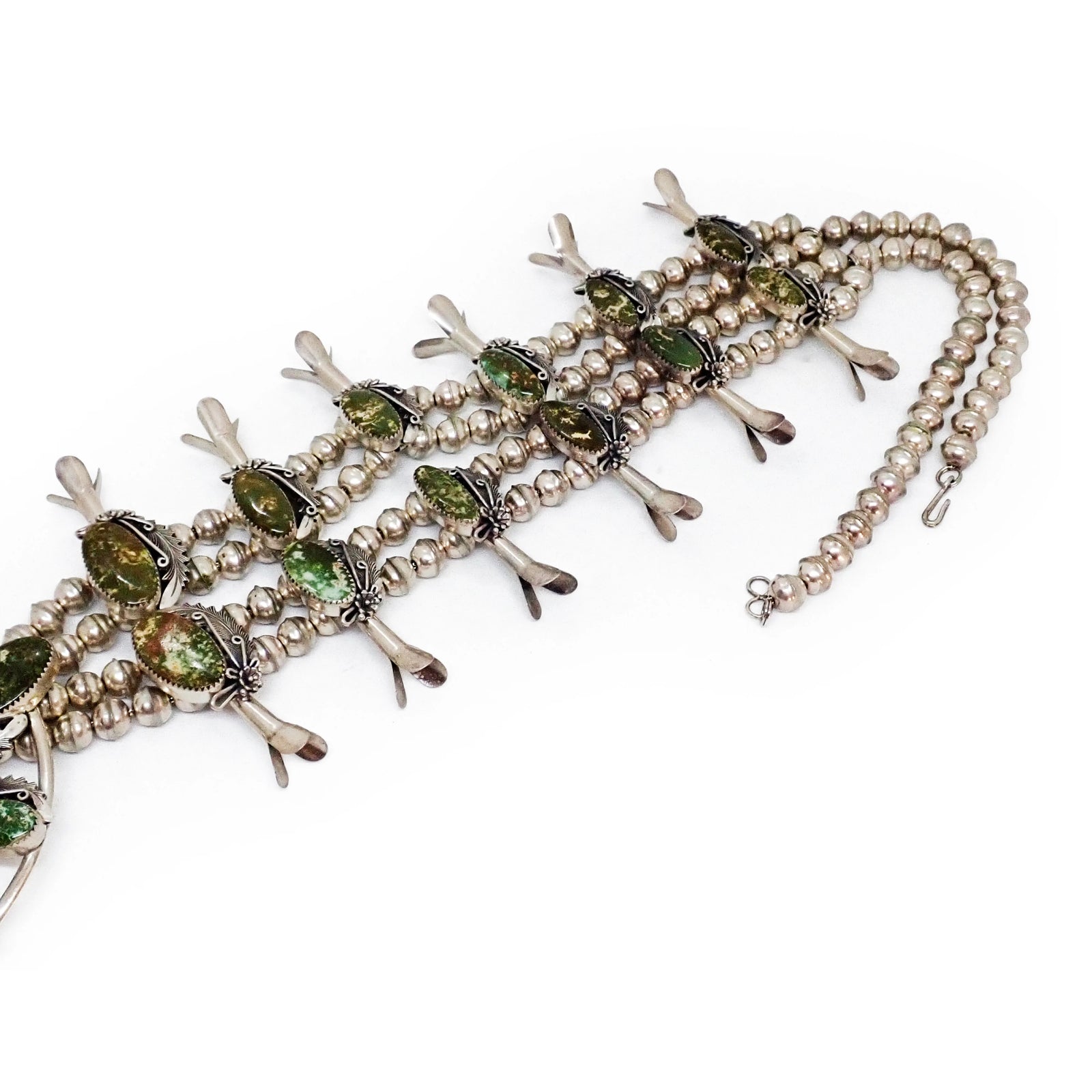 Native American Navajo Green Pilot Mountain Turquoise Squash Blossom Sterling Silver Necklace by P. JOHNSON