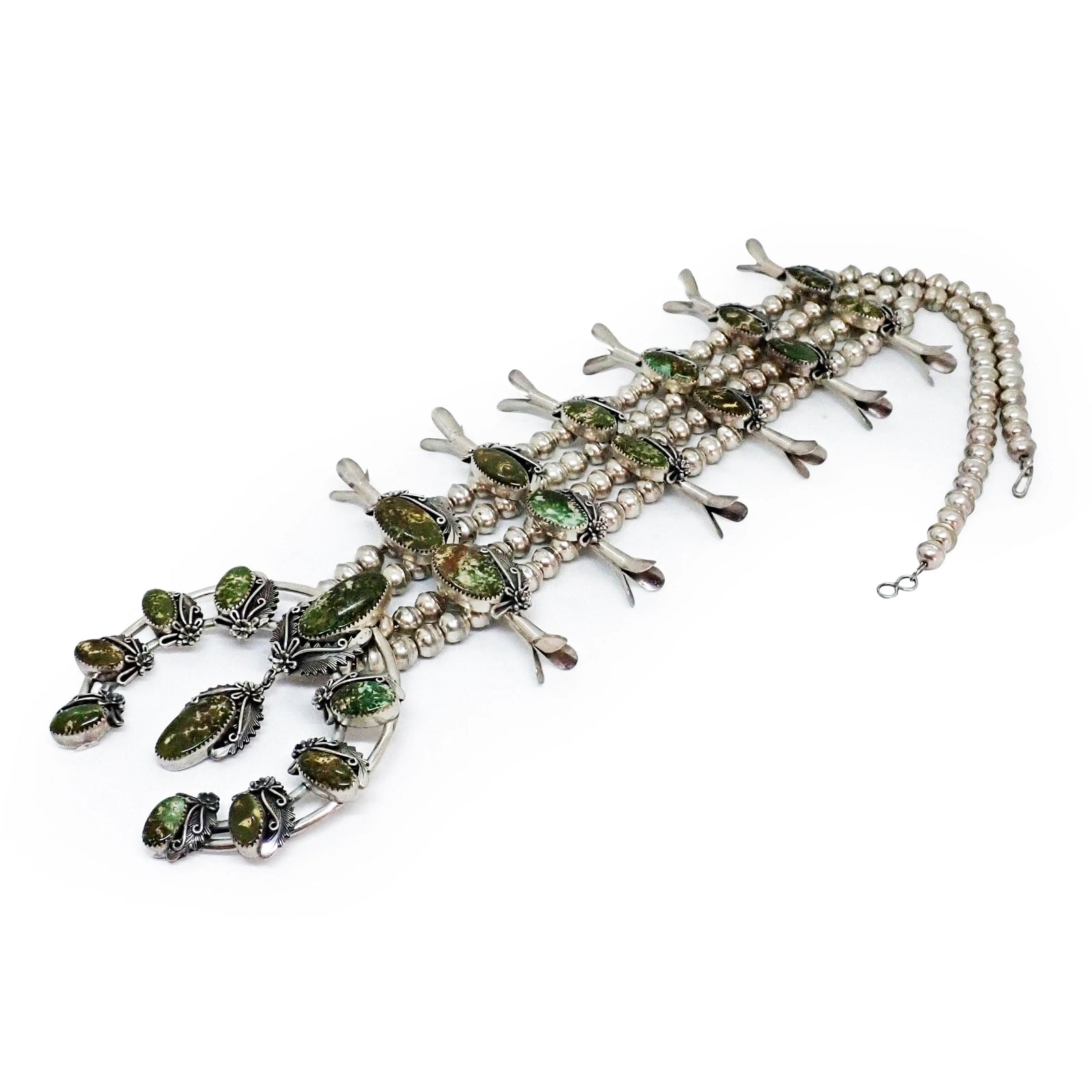 Native American Navajo Green Pilot Mountain Turquoise Squash Blossom Sterling Silver Necklace by P. JOHNSON