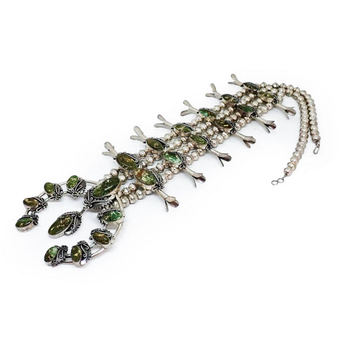 Native American Navajo Green Pilot Mountain Turquoise Squash Blossom Sterling Silver Necklace by JOHNSON