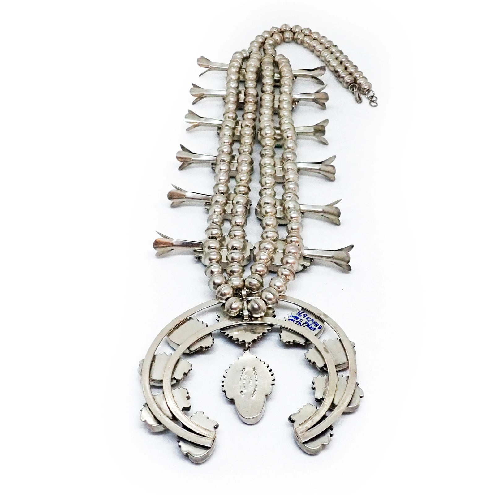 Native American Navajo Green Pilot Mountain Turquoise Squash Blossom Sterling Silver Necklace by P. JOHNSON