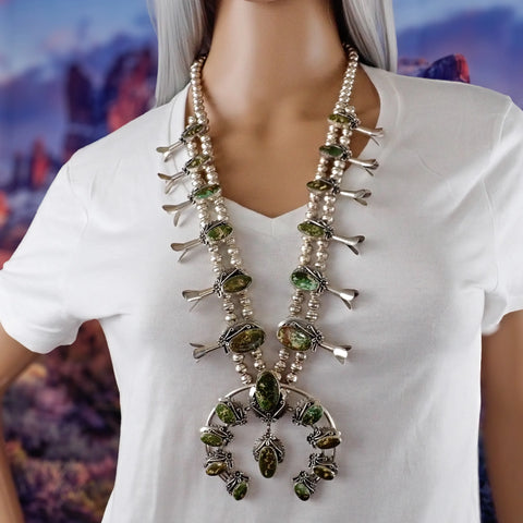 Native American Navajo Green Pilot Mountain Turquoise Squash Blossom Sterling Silver Necklace by JOHNSON
