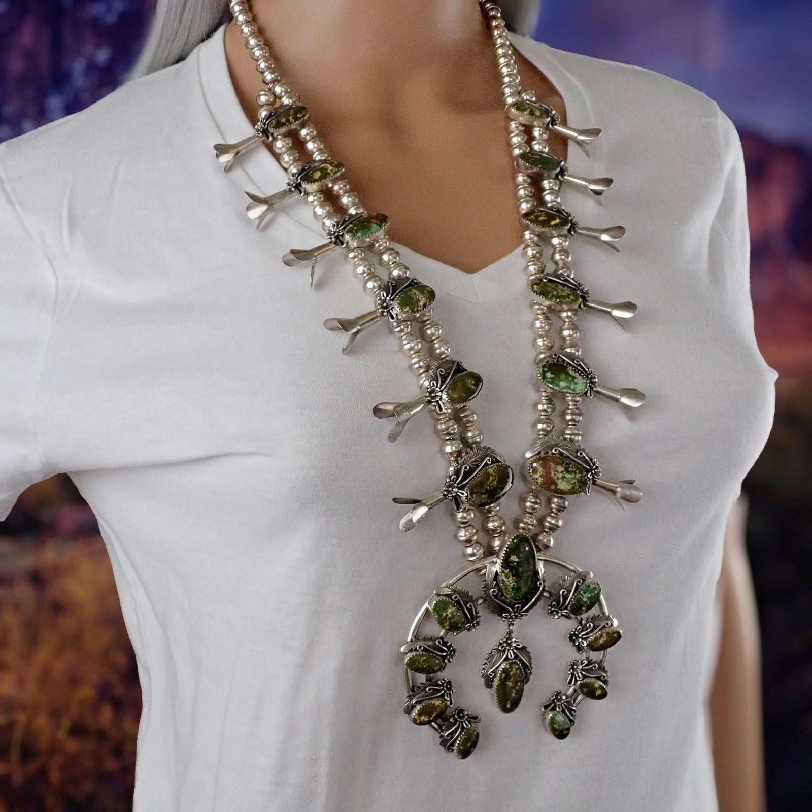 Native American Navajo Green Pilot Mountain Turquoise Squash Blossom Sterling Silver Necklace by P. JOHNSON