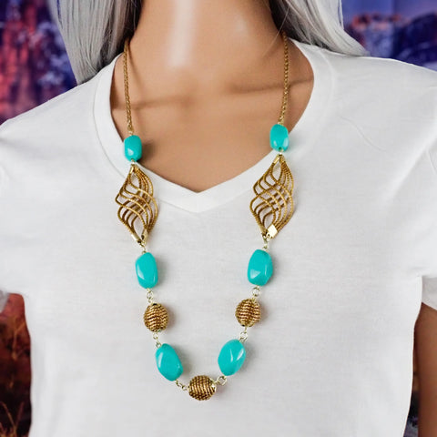 Boho-Chic Golden Grass & Eco-Friendly Turquoise Bead Necklace & Earrings Set