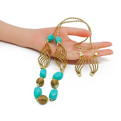 Boho-Chic Golden Grass & Eco-Friendly Turquoise Bead Necklace & Earrings Set