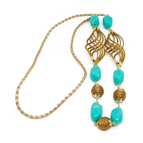 Boho-Chic Golden Grass & Eco-Friendly Turquoise Bead Necklace & Earrings Set