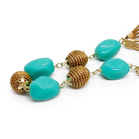 Boho-Chic Golden Grass & Eco-Friendly Turquoise Bead Necklace & Earrings Set