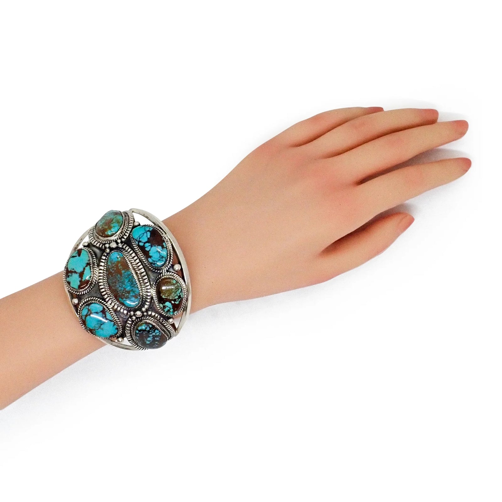 Handcrafted Boho-Chic Webbed Turquoise Cluster Sterling Silver Cuff Bracelet by R. & R. GLODOVE
