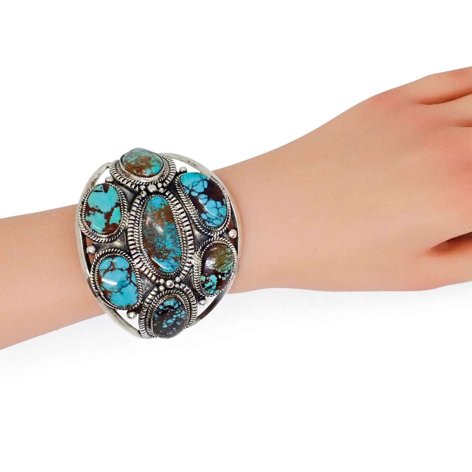 Handcrafted Boho-Chic Webbed Turquoise Cluster Sterling Silver Cuff Bracelet by R. & R. GLODOVE