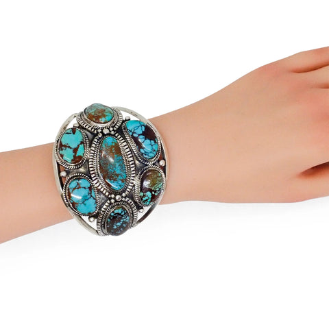 Handcrafted Boho-Chic Webbed Turquoise Cluster Sterling Silver Cuff Bracelet by GLODOVE