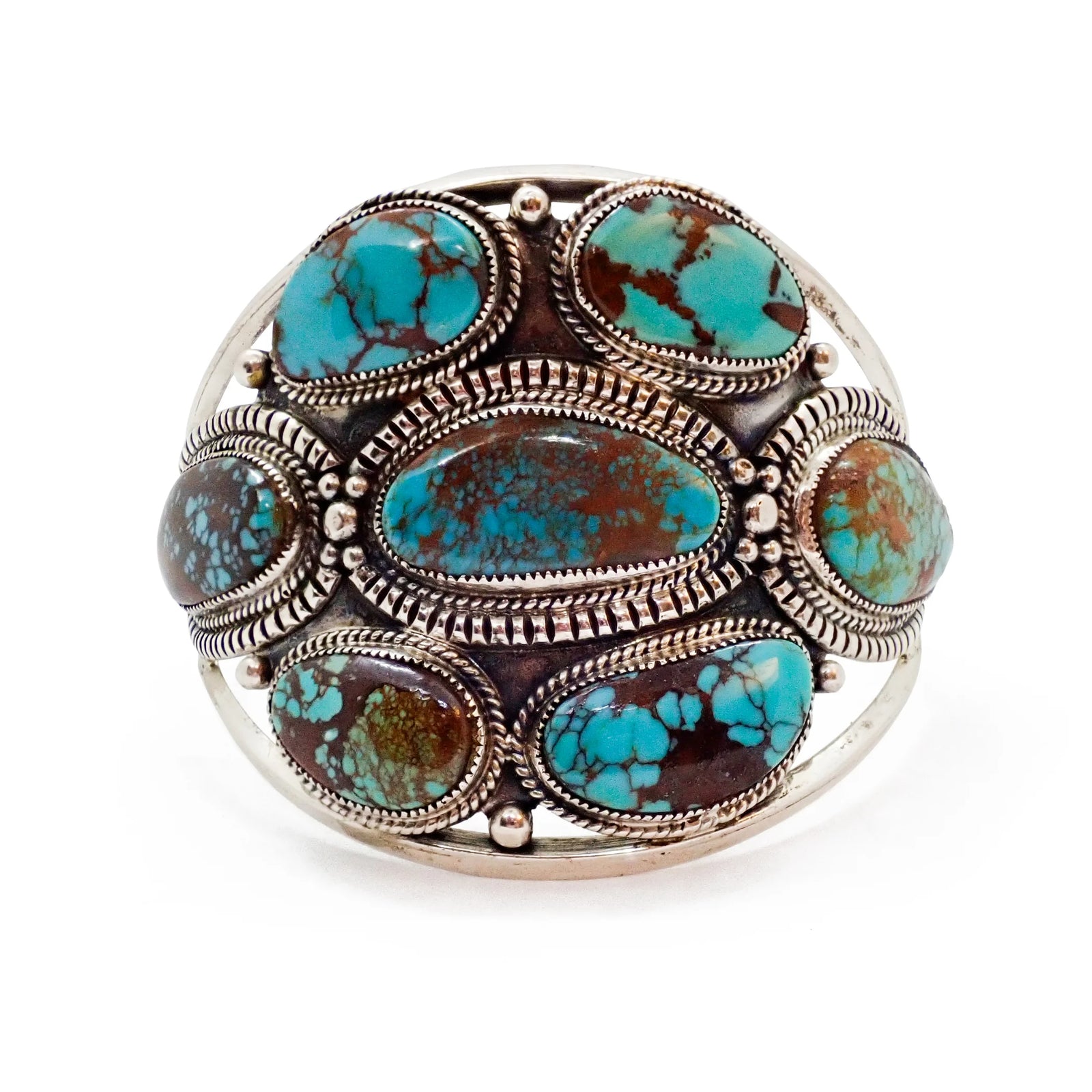 Handcrafted Boho-Chic Webbed Turquoise Cluster Sterling Silver Cuff Bracelet by R. & R. GLODOVE