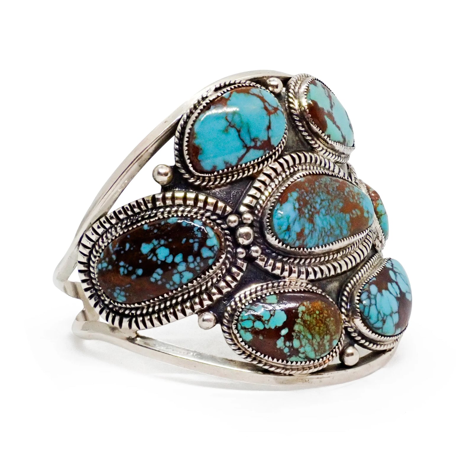 Handcrafted Boho-Chic Webbed Turquoise Cluster Sterling Silver Cuff Bracelet by R. & R. GLODOVE