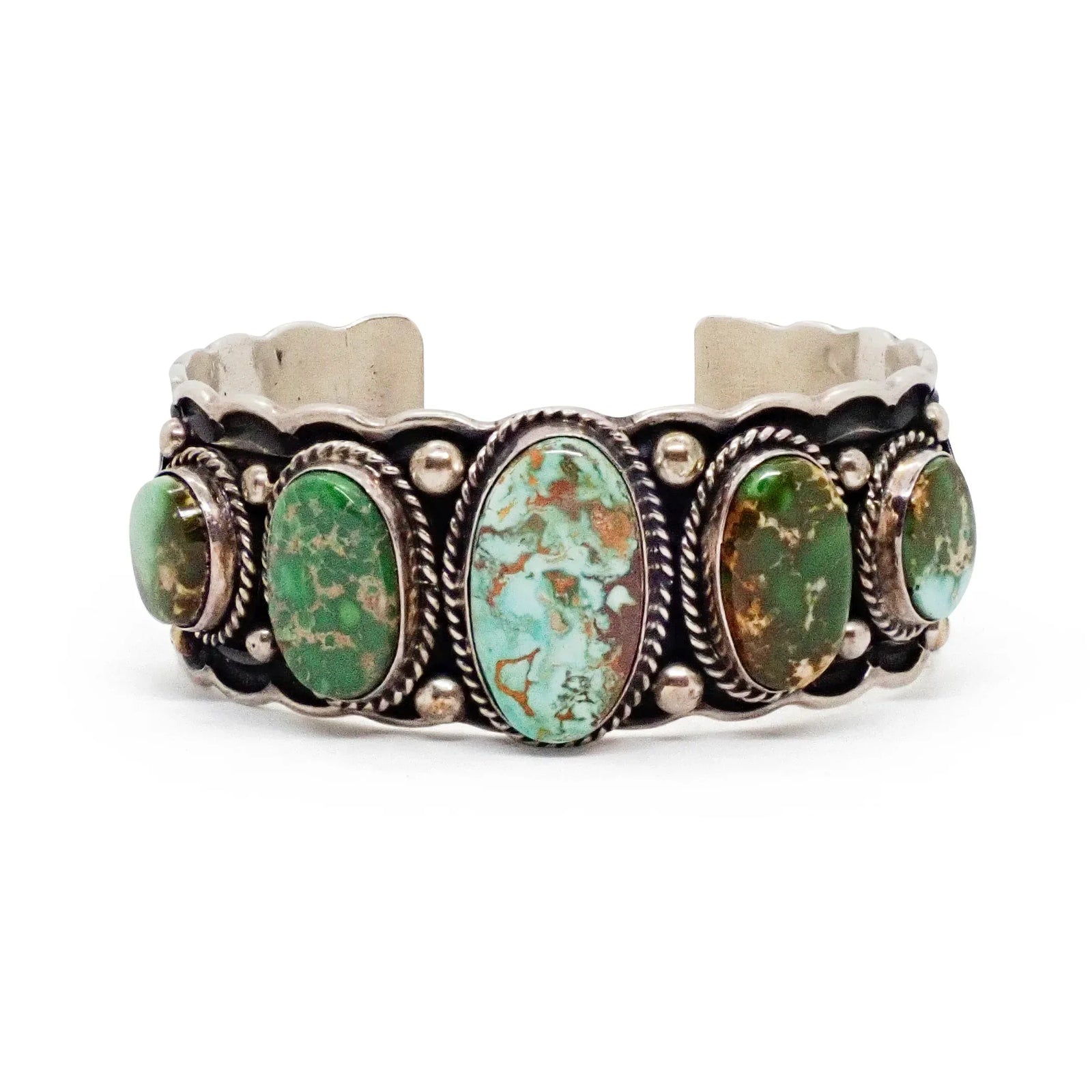 Native American Navajo Royston Turquoise Row Stamped Sterling Silver Cuff Bracelet by G. HOSKIE