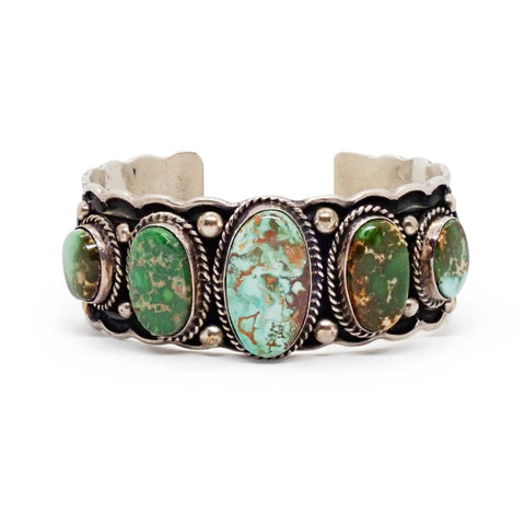 Native American Navajo Royston Turquoise Row Stamped Sterling Silver Cuff Bracelet by HOSKIE