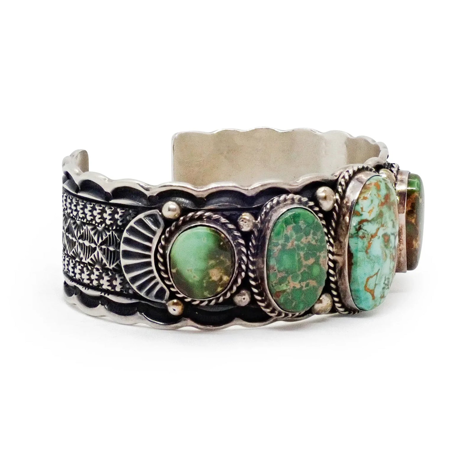 Native American Navajo Royston Turquoise Row Stamped Sterling Silver Cuff Bracelet by G. HOSKIE