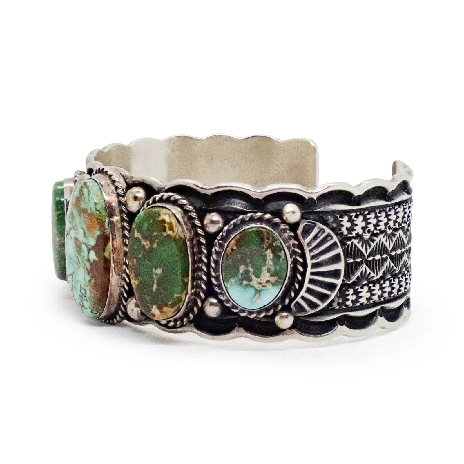 Native American Navajo Royston Turquoise Row Stamped Sterling Silver Cuff Bracelet by G. HOSKIE