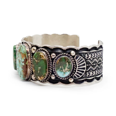 Native American Navajo Royston Turquoise Row Stamped Sterling Silver Cuff Bracelet by HOSKIE