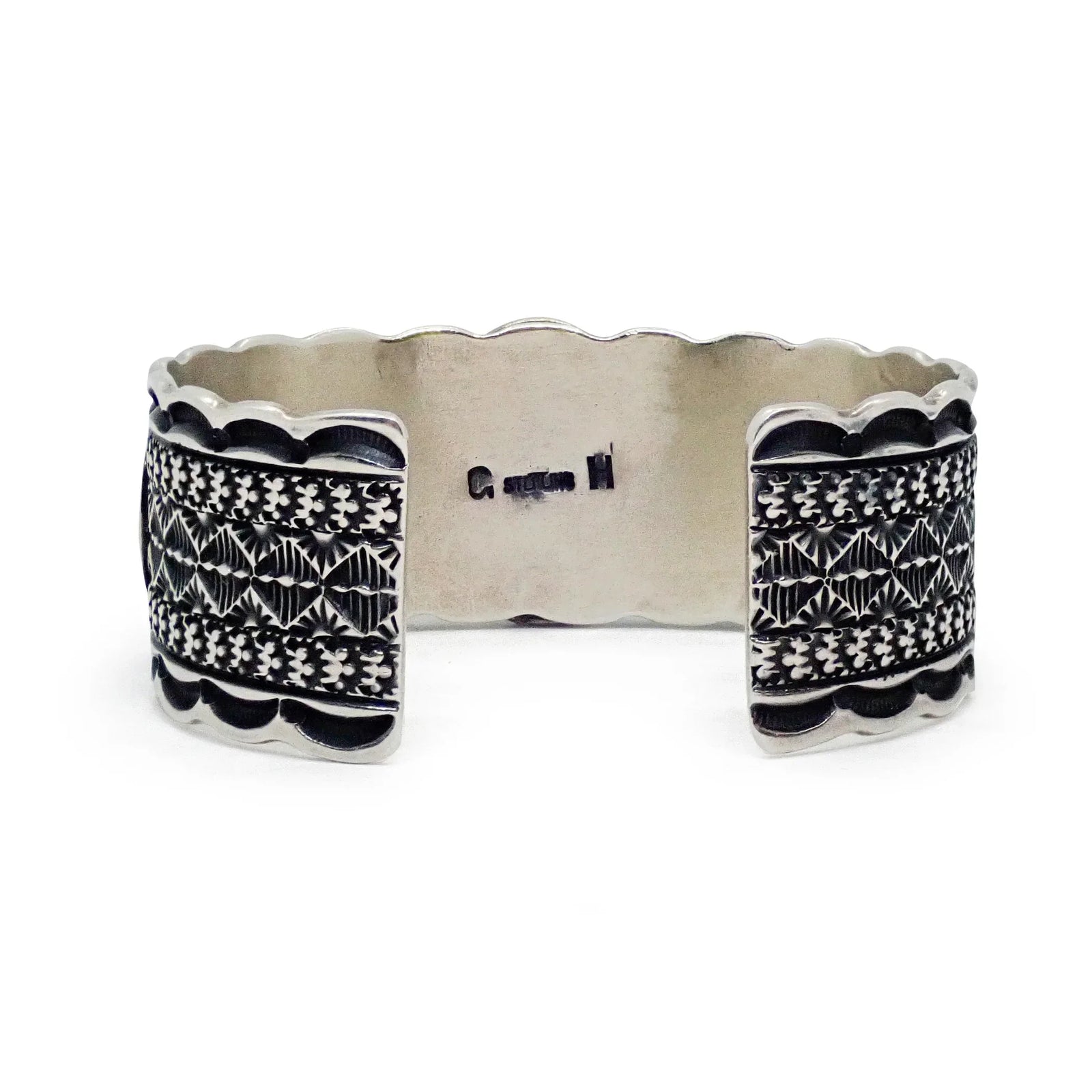 Native American Navajo Royston Turquoise Row Stamped Sterling Silver Cuff Bracelet by G. HOSKIE