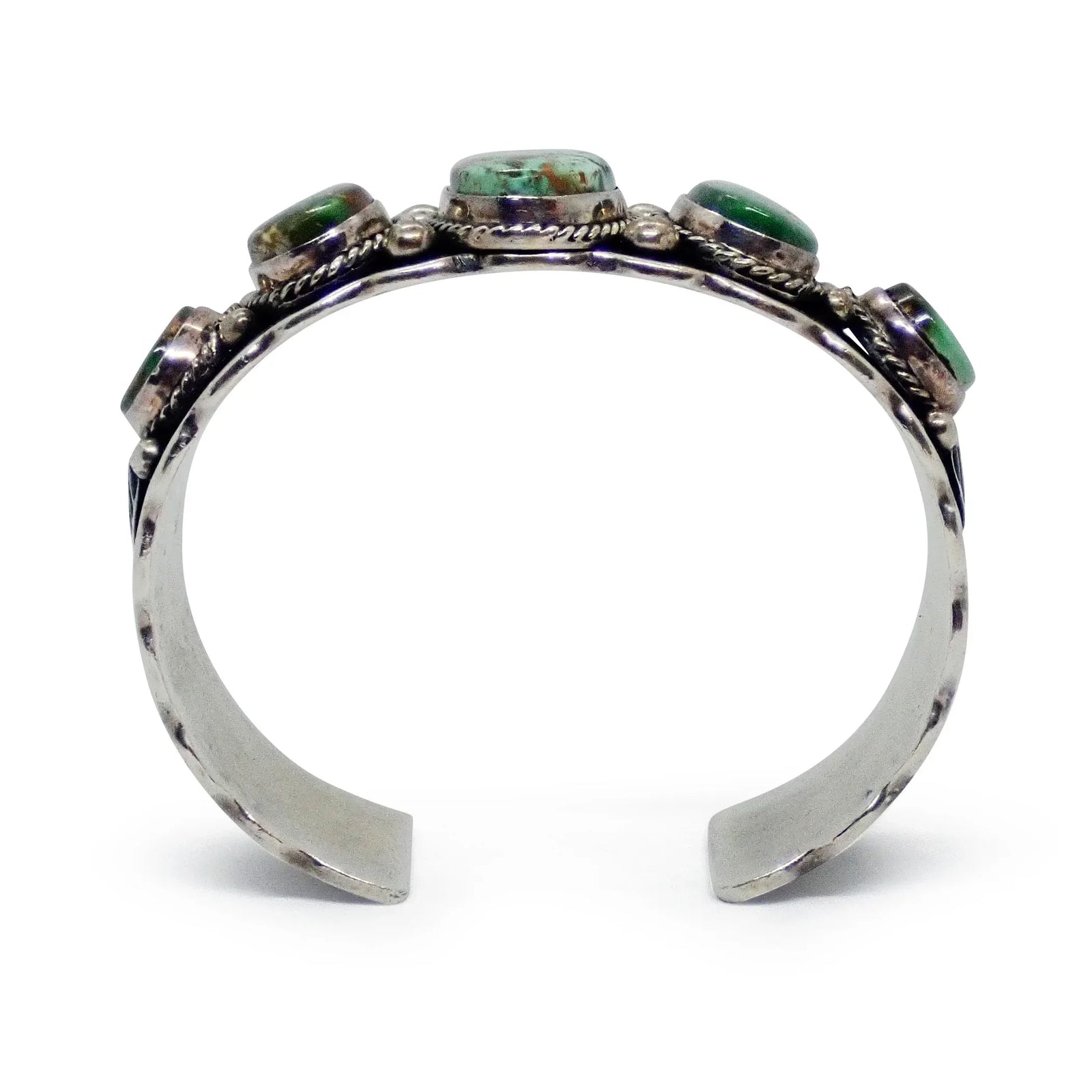 Native American Navajo Royston Turquoise Row Stamped Sterling Silver Cuff Bracelet by G. HOSKIE