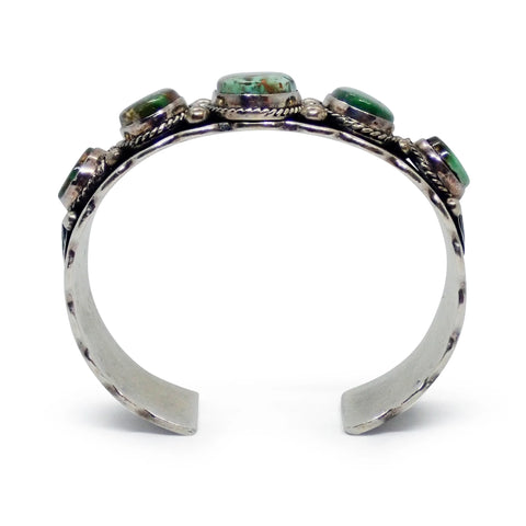 Native American Navajo Royston Turquoise Row Stamped Sterling Silver Cuff Bracelet by HOSKIE