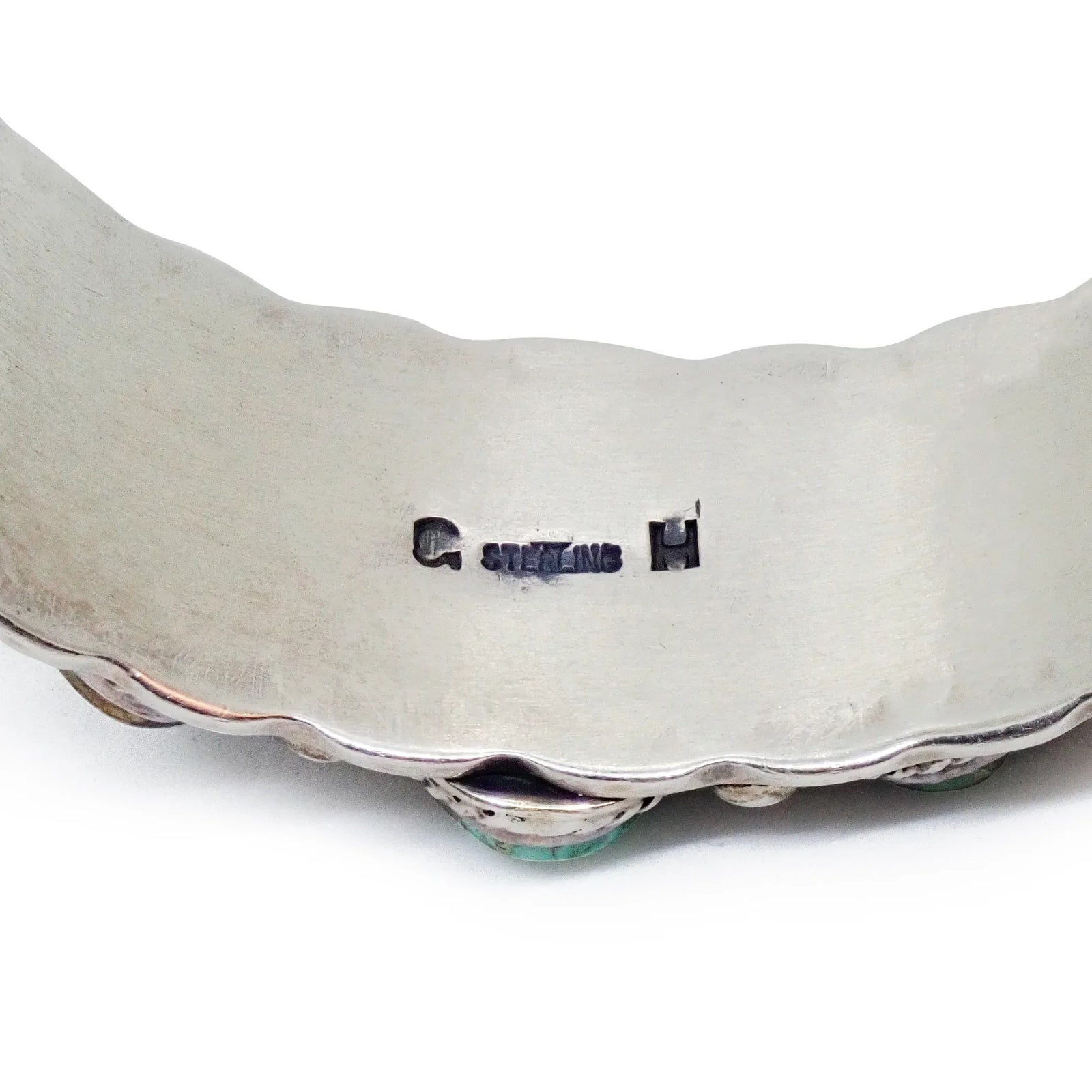 Native American Navajo Royston Turquoise Row Stamped Sterling Silver Cuff Bracelet by G. HOSKIE