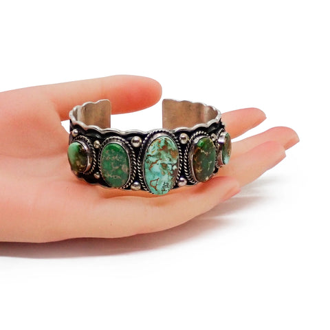 Native American Navajo Royston Turquoise Row Stamped Sterling Silver Cuff Bracelet by HOSKIE