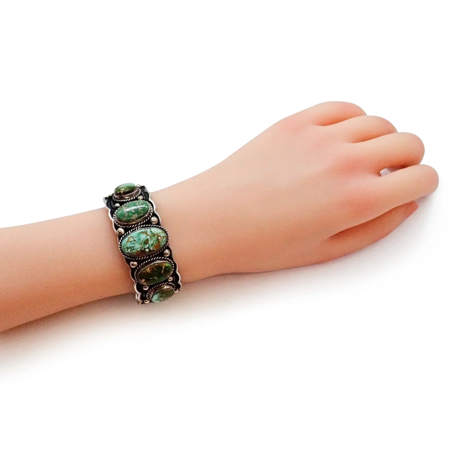 Native American Navajo Royston Turquoise Row Stamped Sterling Silver Cuff Bracelet by G. HOSKIE
