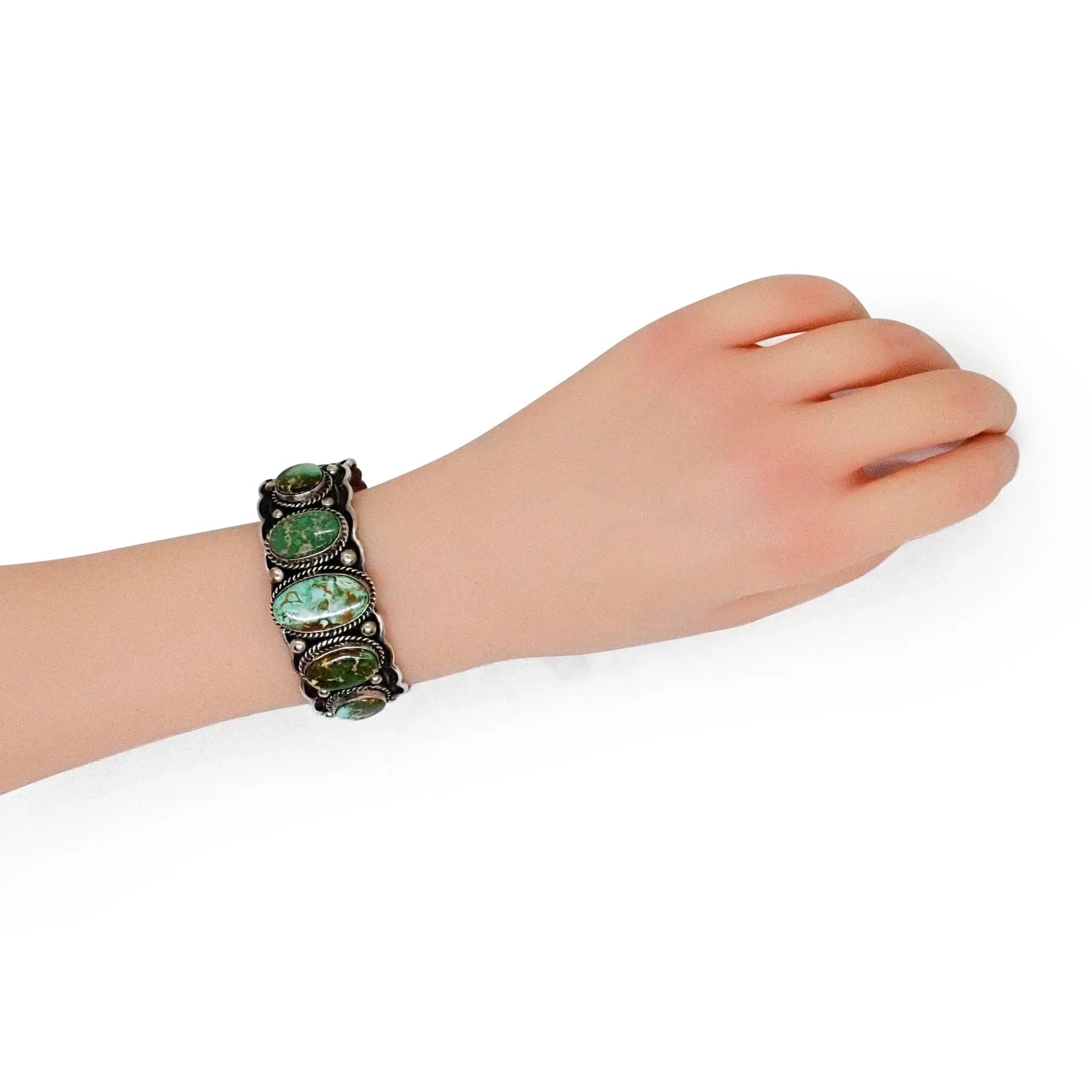 Native American Navajo Royston Turquoise Row Stamped Sterling Silver Cuff Bracelet by G. HOSKIE