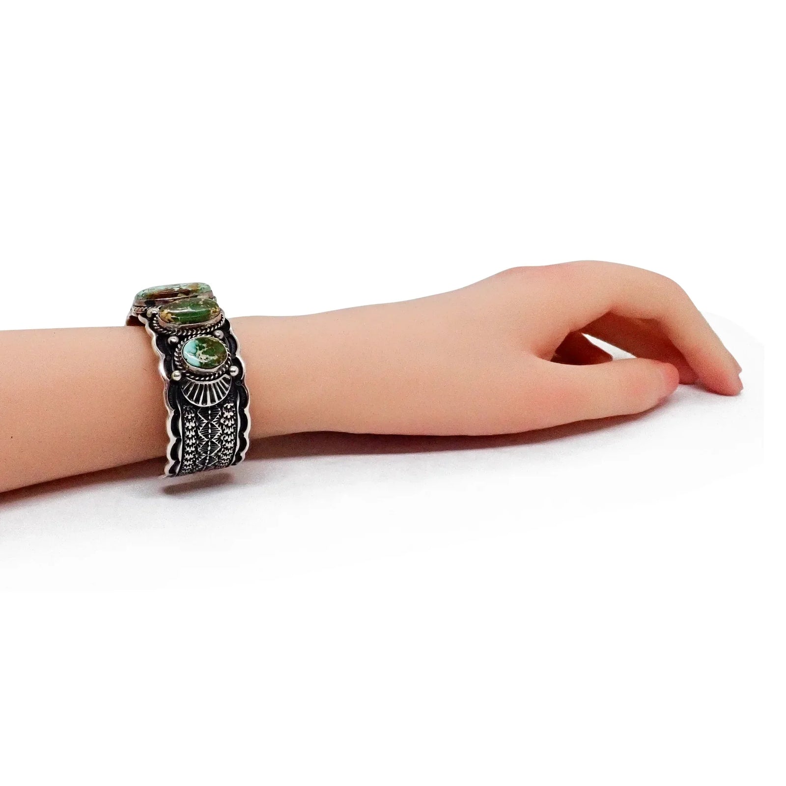 Native American Navajo Royston Turquoise Row Stamped Sterling Silver Cuff Bracelet by G. HOSKIE