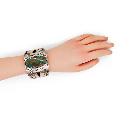 Native American Navajo Pilot Mountain Turquoise Sterling Silver Cuff Bracelet by GUERRO