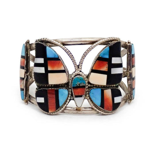 Native American Navajo Multi-Stone Butterfly Inlay Sterling Silver Cuff Bracelet by BAHE