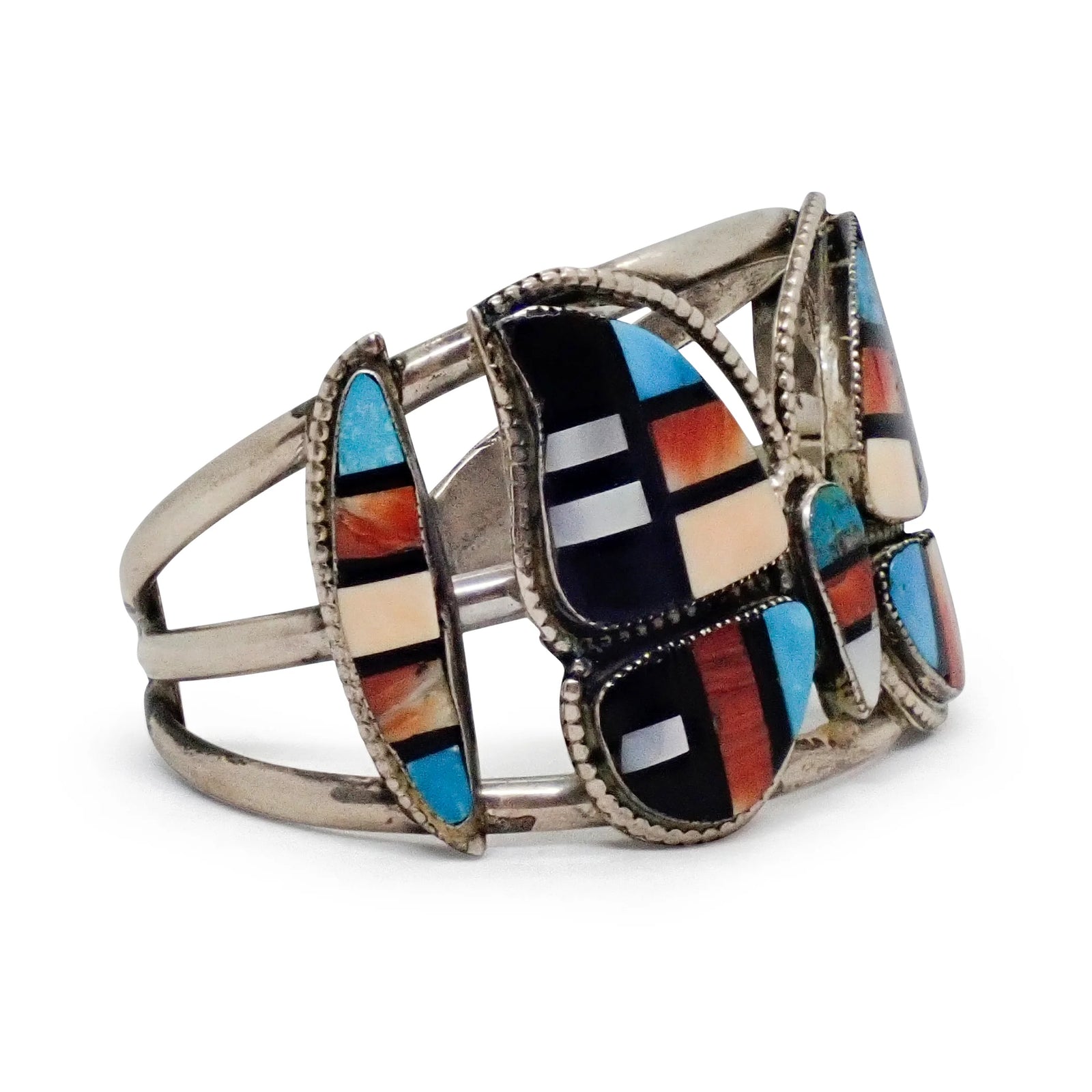 Native American Navajo Multi-Stone Butterfly Inlay Sterling Silver Cuff Bracelet by M. BAHE