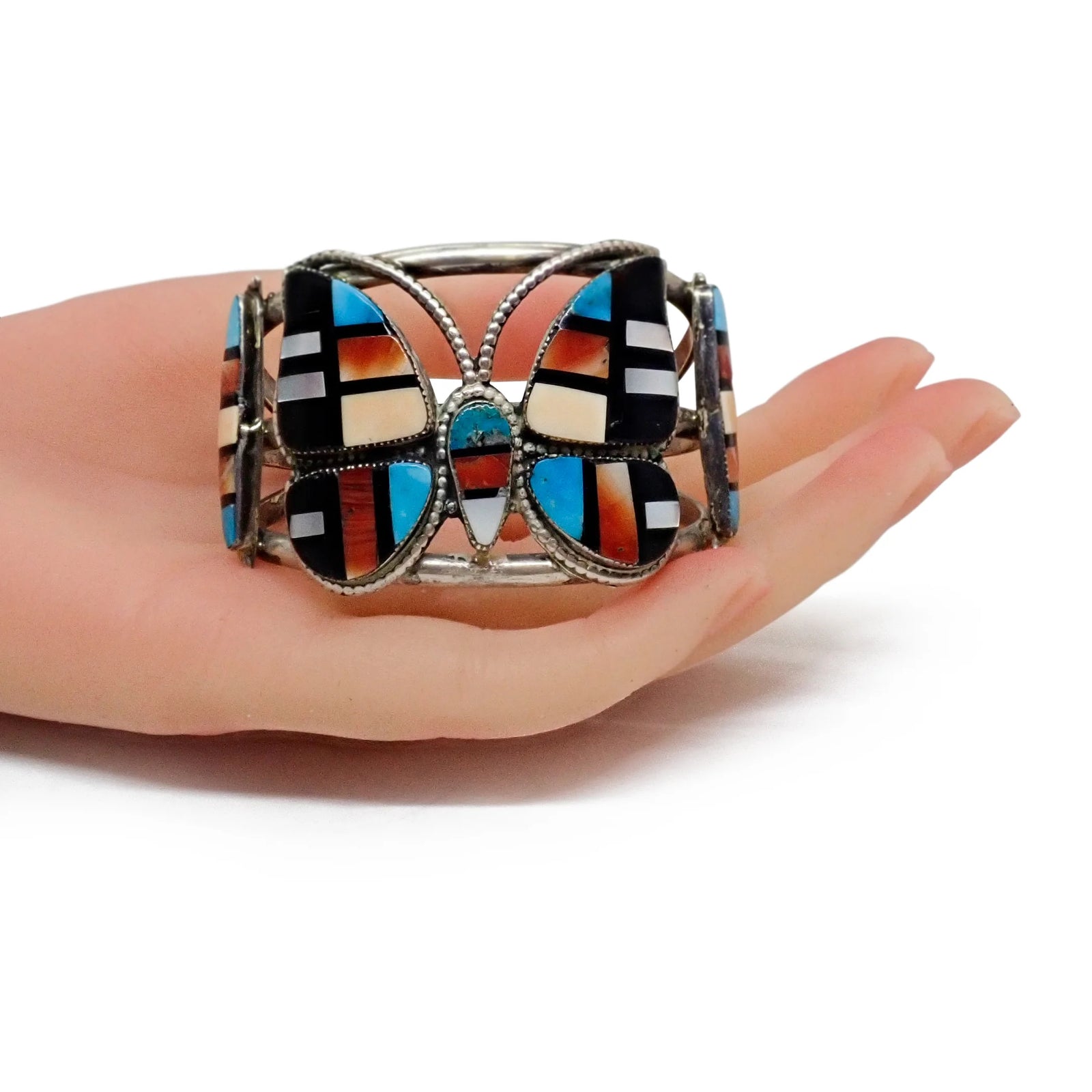 Native American Navajo Multi-Stone Butterfly Inlay Sterling Silver Cuff Bracelet by M. BAHE
